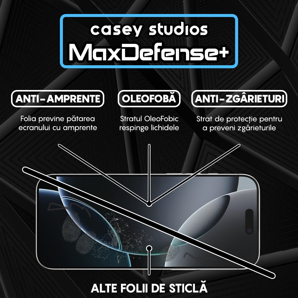Folie Sticla CASEY STUDIOS™ compatibila cu iPhone 16 Pro Max, Anti Socuri, Anti Zgarieturi, Protectie Profesionala Ecran 3D, Ultra HD, Duritate Militara, Sticla Securizata, Full Glue, Full Cover 3D, MaxDefense+ Privacy