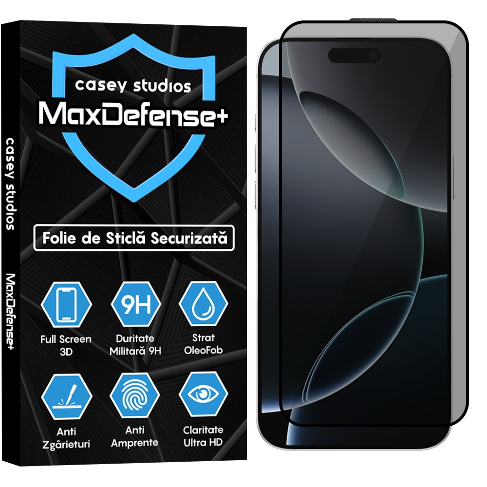Folie Sticla CASEY STUDIOS™ compatibila cu iPhone 16 Pro Max, Anti Socuri, Anti Zgarieturi, Protectie Profesionala Ecran 3D, Ultra HD, Duritate Militara, Sticla Securizata, Full Glue, Full Cover 3D, MaxDefense+ Privacy