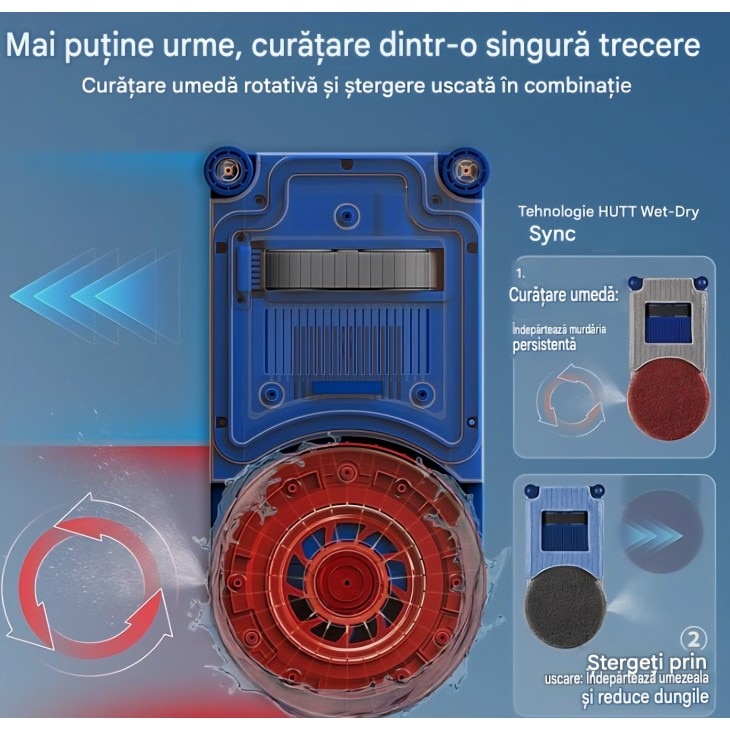 Robot pentru curatat geamuri Hutt R10, sistem hibrid umed/uscat, aspiratie 7000 Pa, pulverizare dubla HydroJet