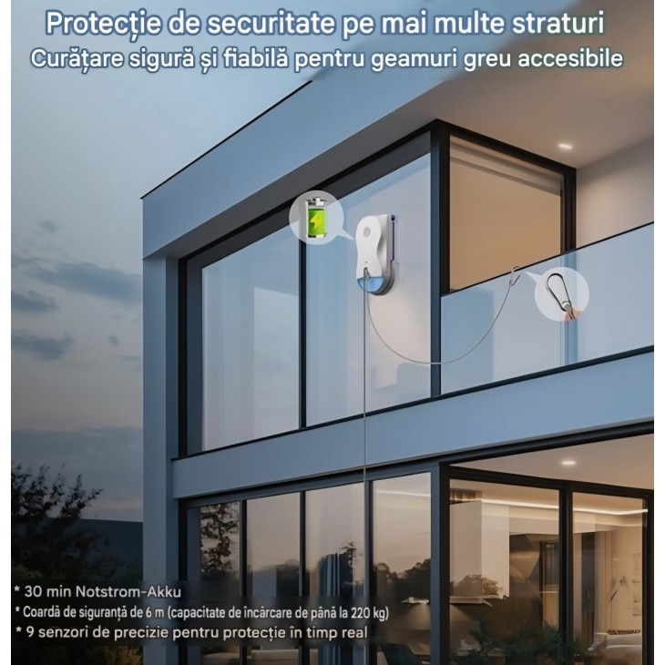 Robot pentru curatat geamuri Hutt R10, sistem hibrid umed/uscat, aspiratie 7000 Pa, pulverizare dubla HydroJet