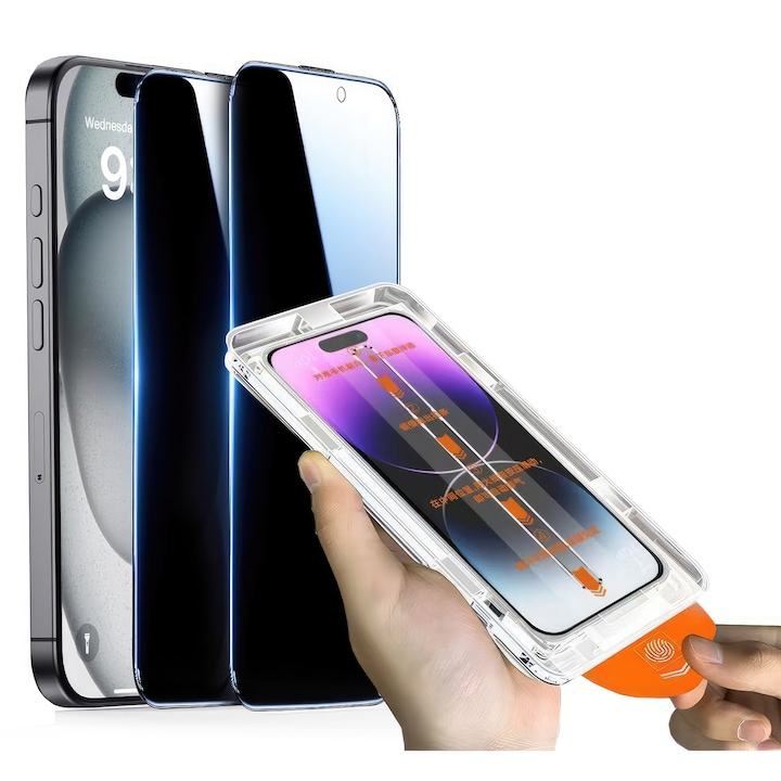 Folie protectie pentru iPhone 16, set 2 buc, sticla securizata cu protectie pentru intimitate, anti-amprente, 6.1 inch