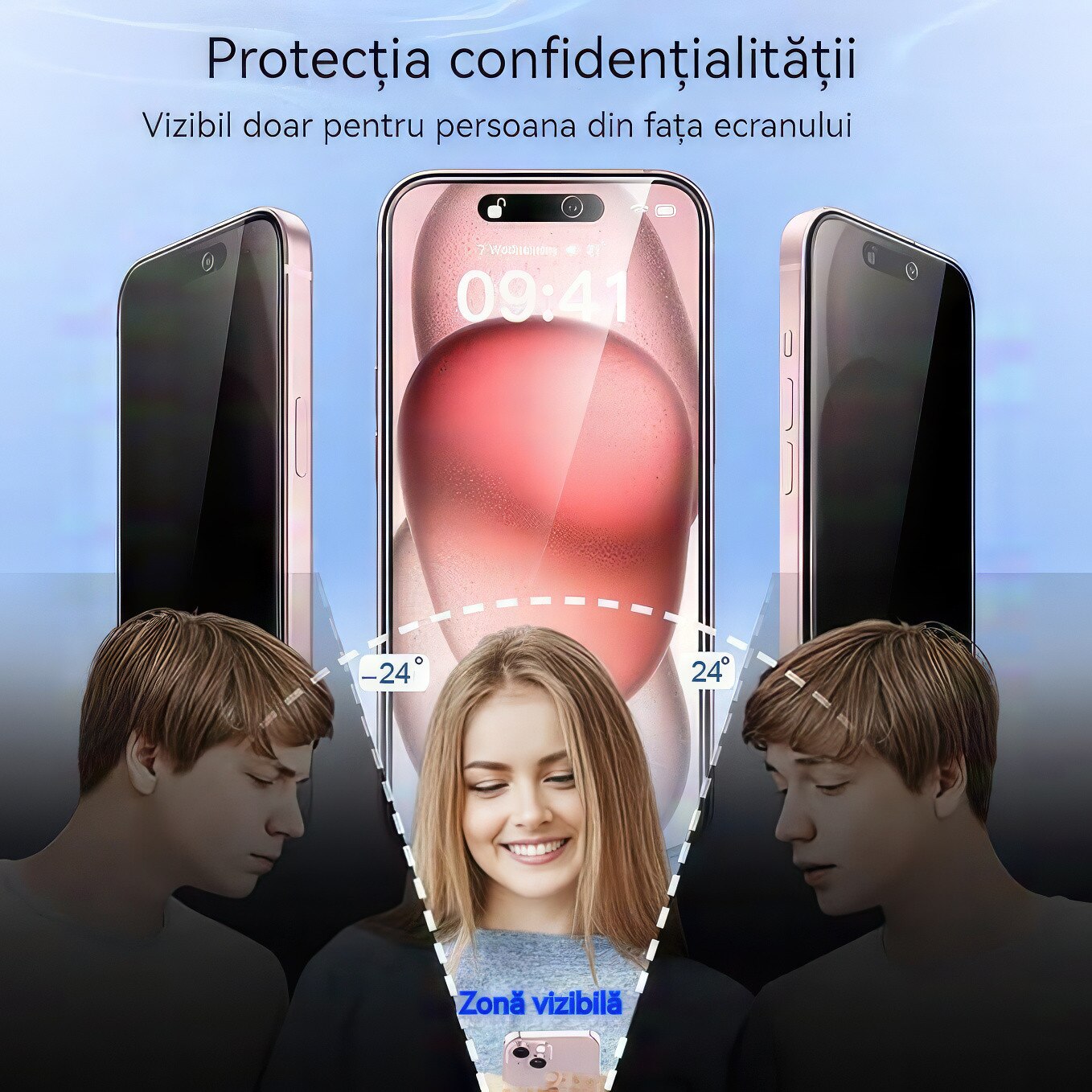 Folie protectie pentru iPhone 16, set 2 buc, sticla securizata cu protectie pentru intimitate, anti-amprente, 6.1 inch