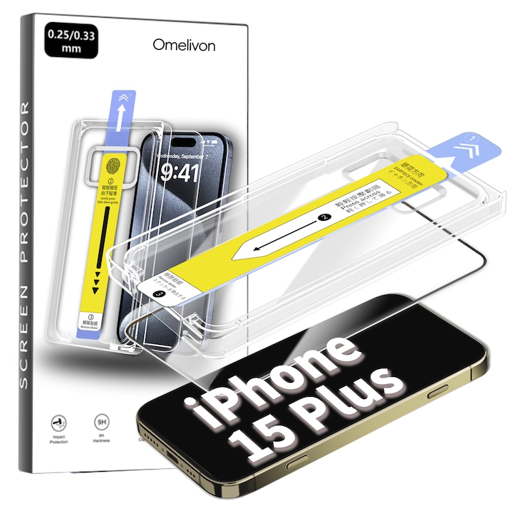 Folie de Protectie pentru iPhone 15 Plus, Omelivon, Sticla Securizata, Full Cover, Margini negre, cu Kit de Aplicare Instanta si Functie Automata de Indepartare a Prafului, Duritate 9H, Ultra HD, Anti Amprente