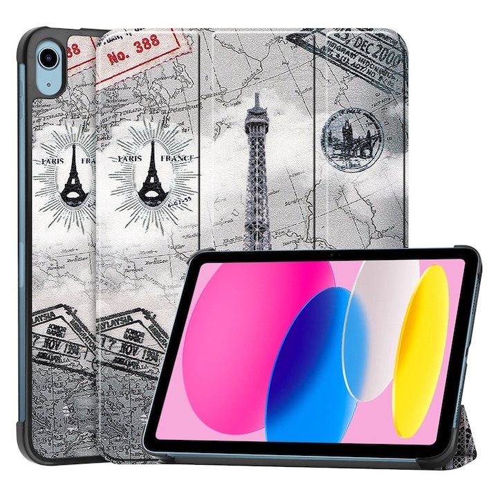 Husa pentru Apple iPad 10 / iPad 11 (A16) (10.9"-11"), ParisLook, Imprimeu Vintage, Protectie completa, Gri