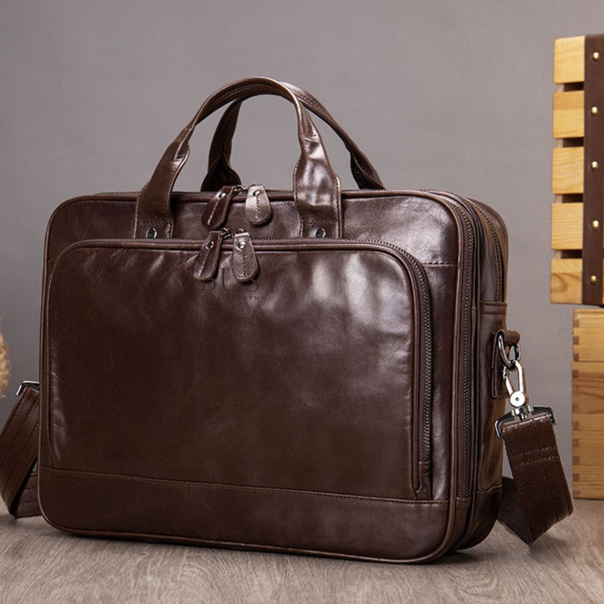 Servieta business din piele naturala, compartiment laptop 15'', Regent, BUSY LDY & GTM® - coffe oil