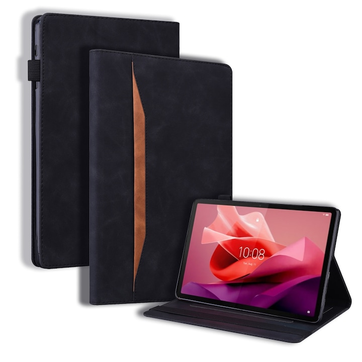 Husa tableta pentru Lenovo Tab P12 12.7, material piele, design cu margine anti-soc, pliere inteligenta, protectie anti-zgarieturi, suport pentru vizionare, Negru