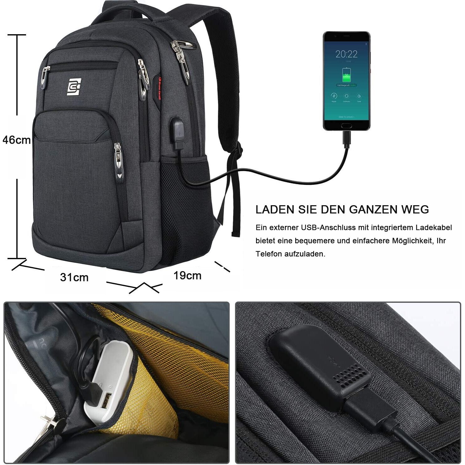 Ghiozdan laptop, capacitate mare, negru, 46x31x19cm