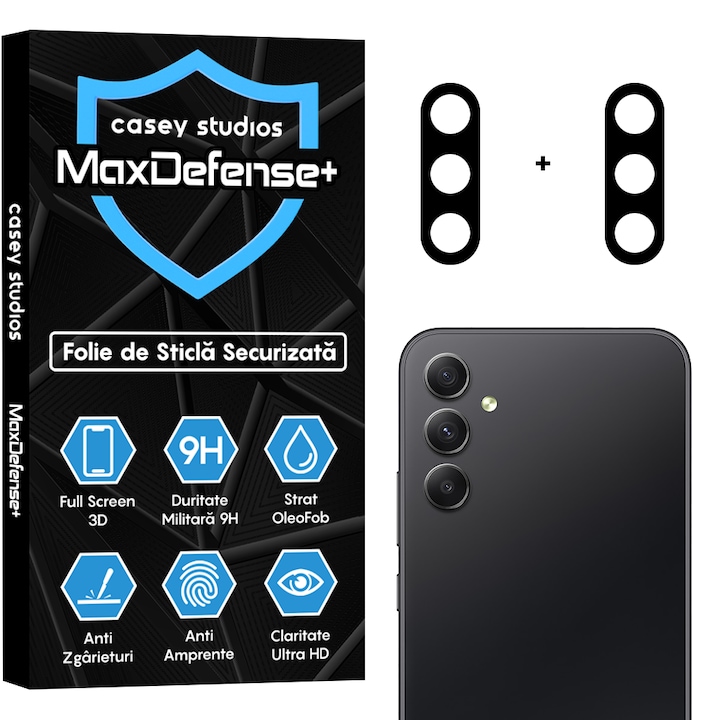 Set 2x Folie Sticla Camera compatibil cu Samsung Galaxy A34 5G, CASEY STUDIOS™ MaxDefense+, Protectie Securizata, Duritate 9H, Full Cover, Anti Zgarieturi, Ultra HD, Protectie Profesionala Camere 3D, Anti Zgarieturi, Anti Socuri