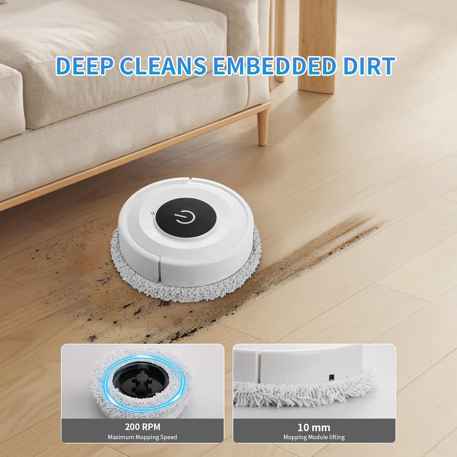 Robot mop 2-in-1, tehnologie avansata de evitare a obstacolelor, design ultra-subtire, alb