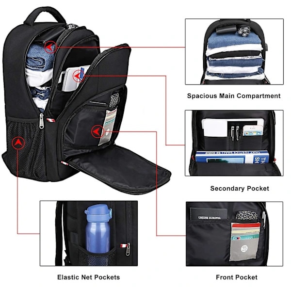 Rucsac/ghiozdan laptop din poliester, anti-furt cu fermoar ascuns si port USB, 20 buzunare si compartimente multiple, reflectorizant pentru noapte, negru, 17.3 inch