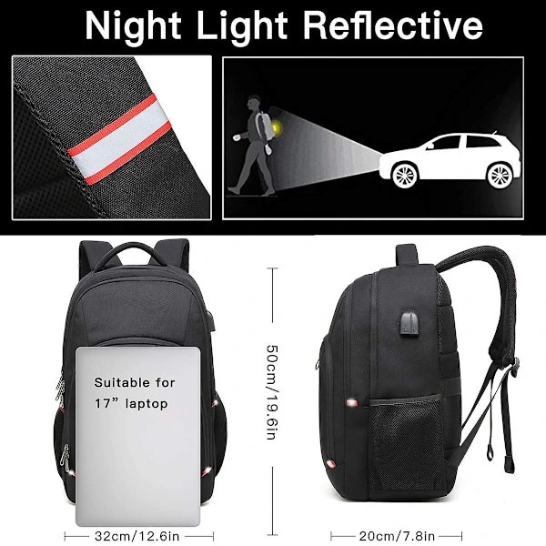 Rucsac/ghiozdan laptop din poliester, anti-furt cu fermoar ascuns si port USB, 20 buzunare si compartimente multiple, reflectorizant pentru noapte, negru, 17.3 inch