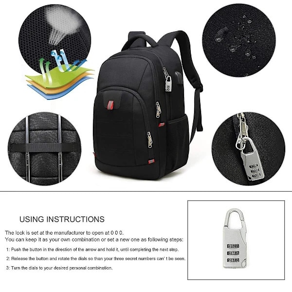 Rucsac/ghiozdan laptop din poliester, anti-furt cu fermoar ascuns si port USB, 20 buzunare si compartimente multiple, reflectorizant pentru noapte, negru, 17.3 inch
