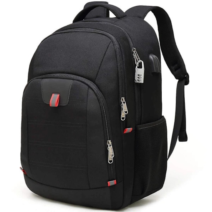 Rucsac/ghiozdan laptop din poliester, anti-furt cu fermoar ascuns si port USB, 20 buzunare si compartimente multiple, reflectorizant pentru noapte, negru, 17.3 inch