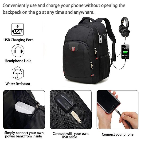 Rucsac/ghiozdan laptop din poliester, anti-furt cu fermoar ascuns si port USB, 20 buzunare si compartimente multiple, reflectorizant pentru noapte, negru, 17.3 inch