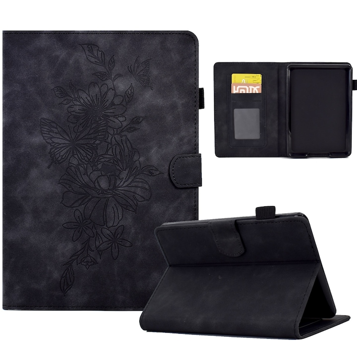 Husa tableta pentru Amazon Kindle Paperwhite 12th 2024, piele embosata cu flori de peonie si fluture, smart case, negru