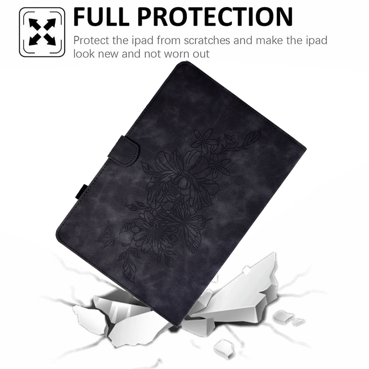 Husa tableta pentru Amazon Kindle Paperwhite 12th 2024, piele embosata cu flori de peonie si fluture, smart case, negru