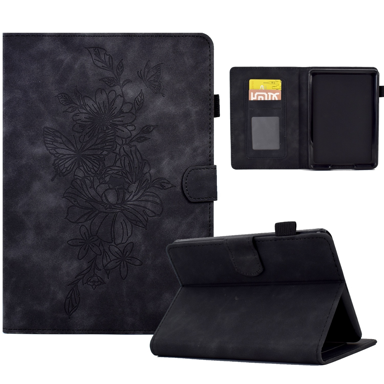 Husa tableta pentru Amazon Kindle Paperwhite 12th 2024, piele embosata cu flori de peonie si fluture, smart case, negru