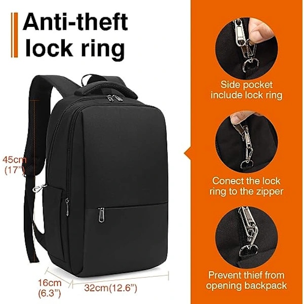 Rucsac/ghiozdan antifurt pentru laptop din poliester, capacitate mare, bretele respirabile, negru, 15.6 inch