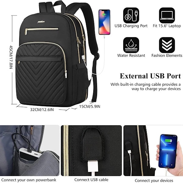 Rucsac dama multifunctional 30L impermeabil poliester negru 45x32x15cm USB