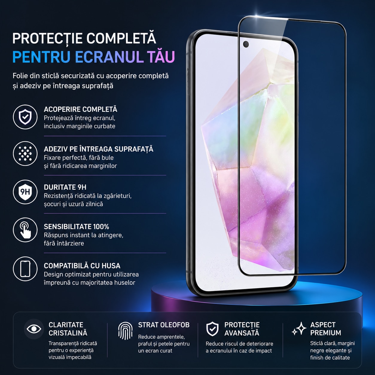 Folie protectie din sticla pentru Samsung Galaxy A57, full glue, full size, lipici pe tot ecranul, negru, PlanetPhone