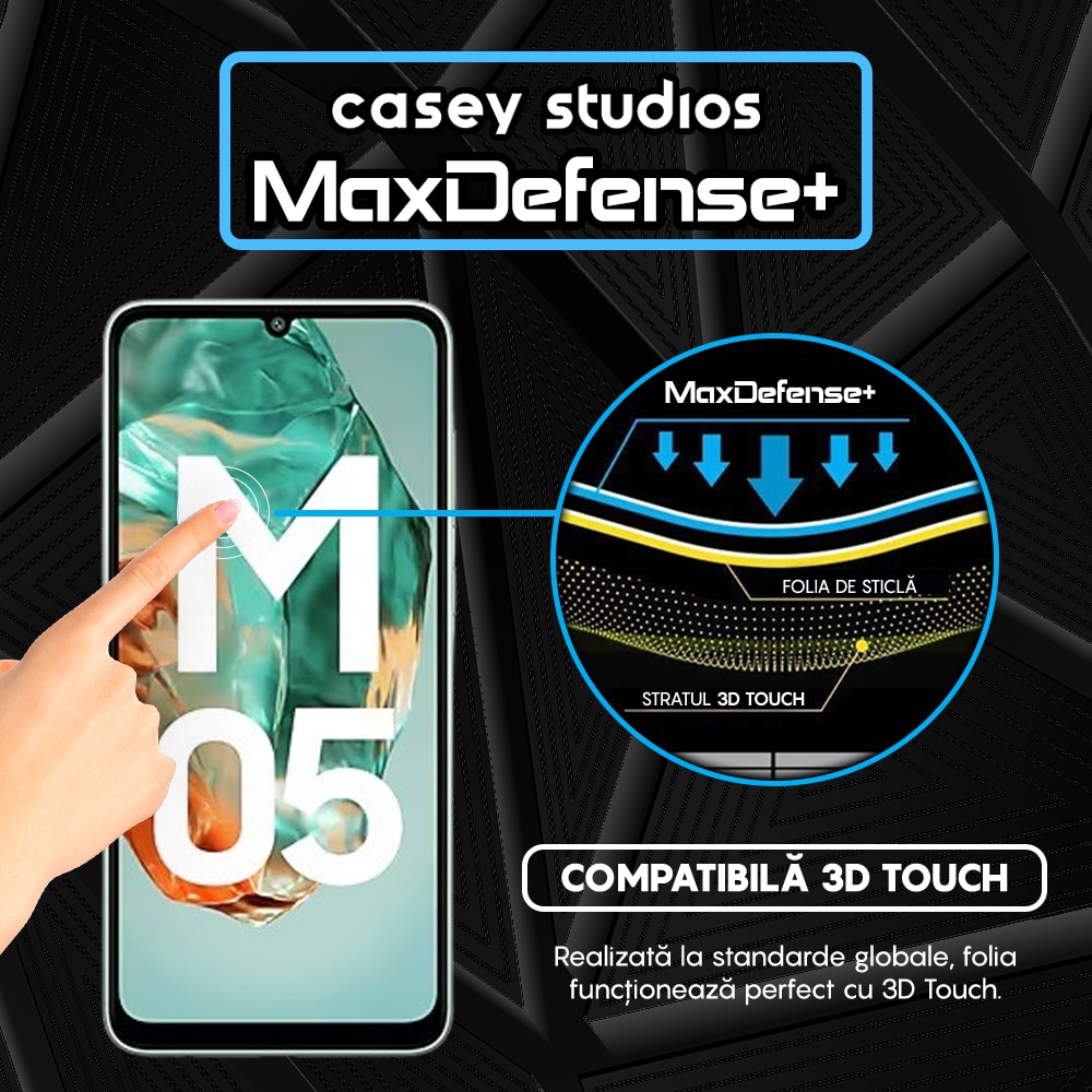 Folie Sticla CASEY STUDIOS™ compatibila cu Samsung Galaxy M05, Full Cover 3D, Full Glue, Sticla Securizata, Duritate Militara, Ultra HD, Protectie Profesionala Ecran 3D, Anti Zgarieturi, Anti Socuri