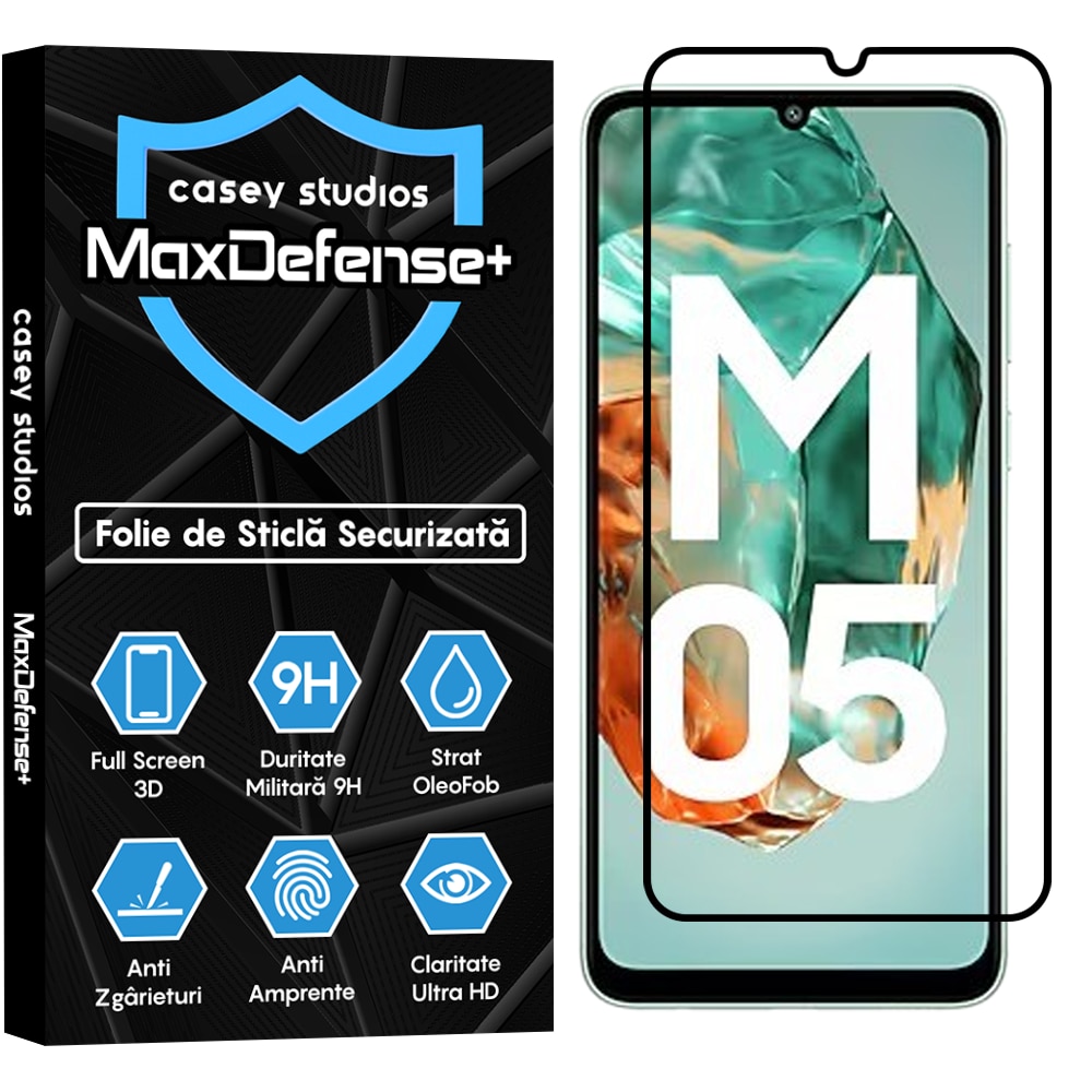 Folie Sticla CASEY STUDIOS™ compatibila cu Samsung Galaxy M05, Full Cover 3D, Full Glue, Sticla Securizata, Duritate Militara, Ultra HD, Protectie Profesionala Ecran 3D, Anti Zgarieturi, Anti Socuri