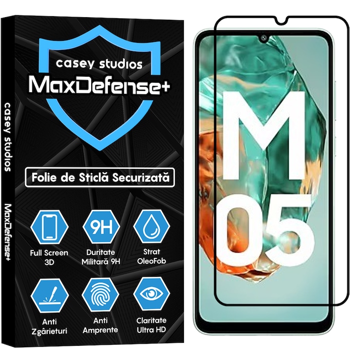 Folie Sticla CASEY STUDIOS™ compatibila cu Samsung Galaxy M05, Full Cover 3D, Full Glue, Sticla Securizata, Duritate Militara, Ultra HD, Protectie Profesionala Ecran 3D, Anti Zgarieturi, Anti Socuri