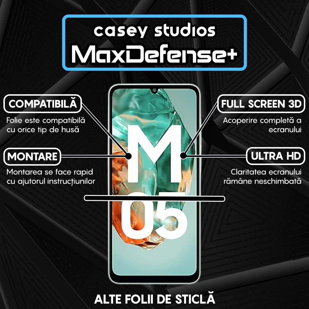 Folie Sticla CASEY STUDIOS™ compatibila cu Samsung Galaxy M05, Full Cover 3D, Full Glue, Sticla Securizata, Duritate Militara, Ultra HD, Protectie Profesionala Ecran 3D, Anti Zgarieturi, Anti Socuri