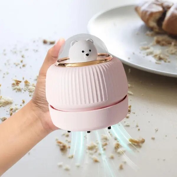 Aspirator de birou mini, design urs spatial, alb, 9.5x8.5cm