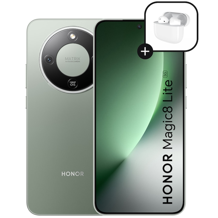Telefon mobil HONOR Magic 8 Lite, Dual SIM, 8GB RAM, 512GB, Forest Green - Casti Honor Choice Earbuds X7e Active incluse
