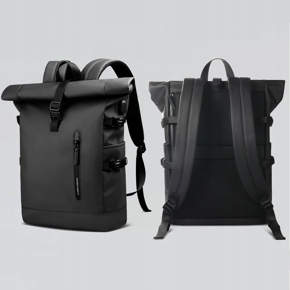 Rucsac mare, tip rolltop, cu buzunar pentru laptop, impermeabil, negru