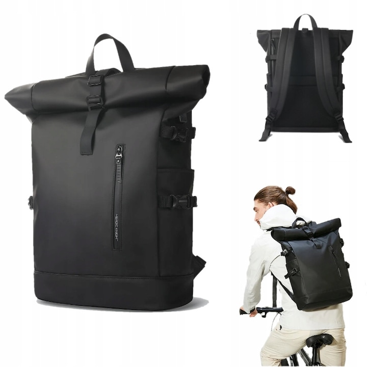 Rucsac mare, tip rolltop, cu buzunar pentru laptop, impermeabil, negru