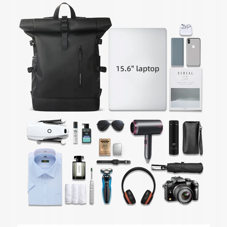 Rucsac mare, tip rolltop, cu buzunar pentru laptop, impermeabil, negru