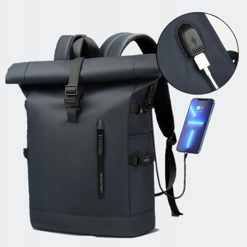 Rucsac mare, tip rolltop, cu buzunar pentru laptop, impermeabil, negru