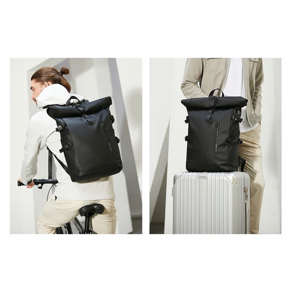 Rucsac mare, tip rolltop, cu buzunar pentru laptop, impermeabil, negru