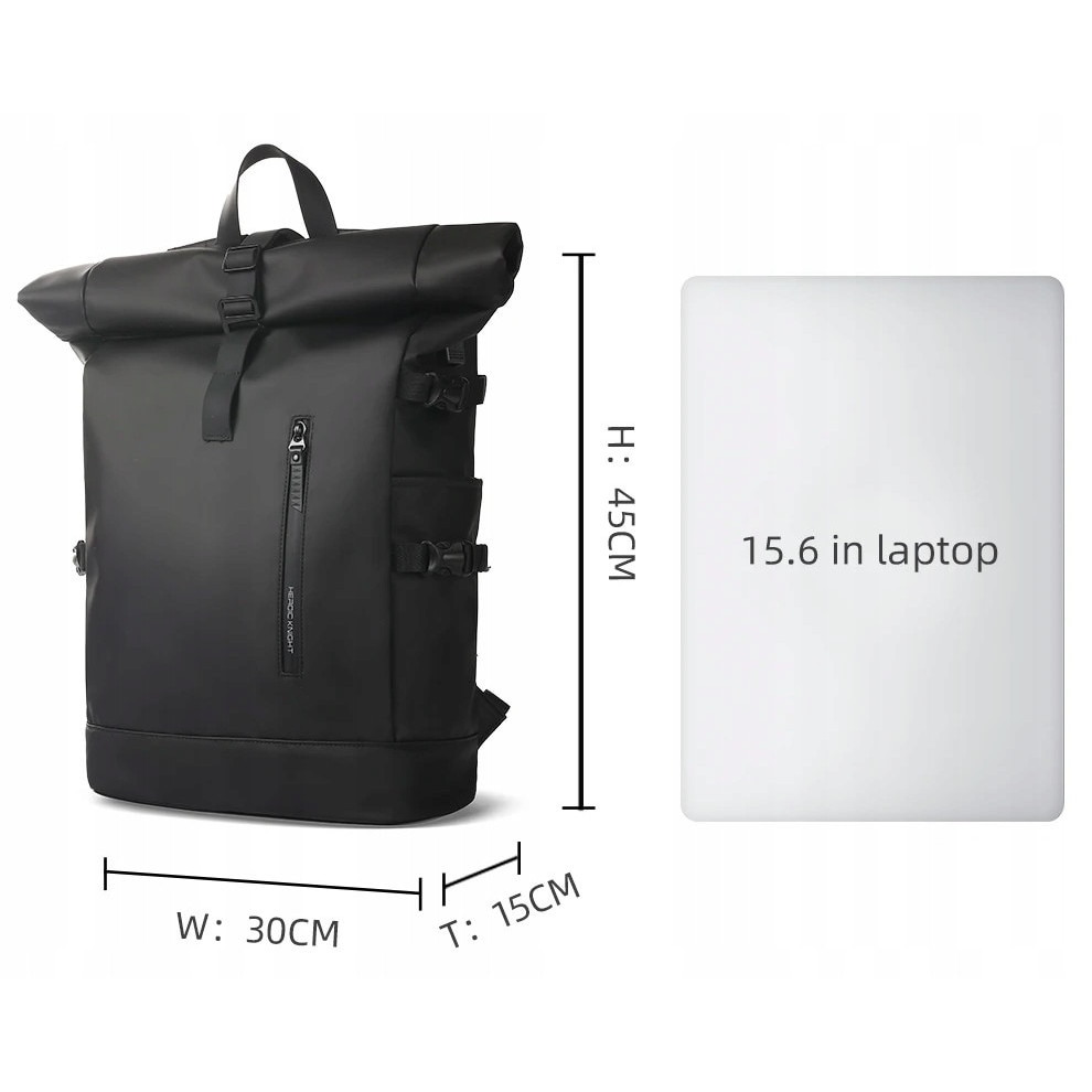 Rucsac mare, tip rolltop, cu buzunar pentru laptop, impermeabil, negru