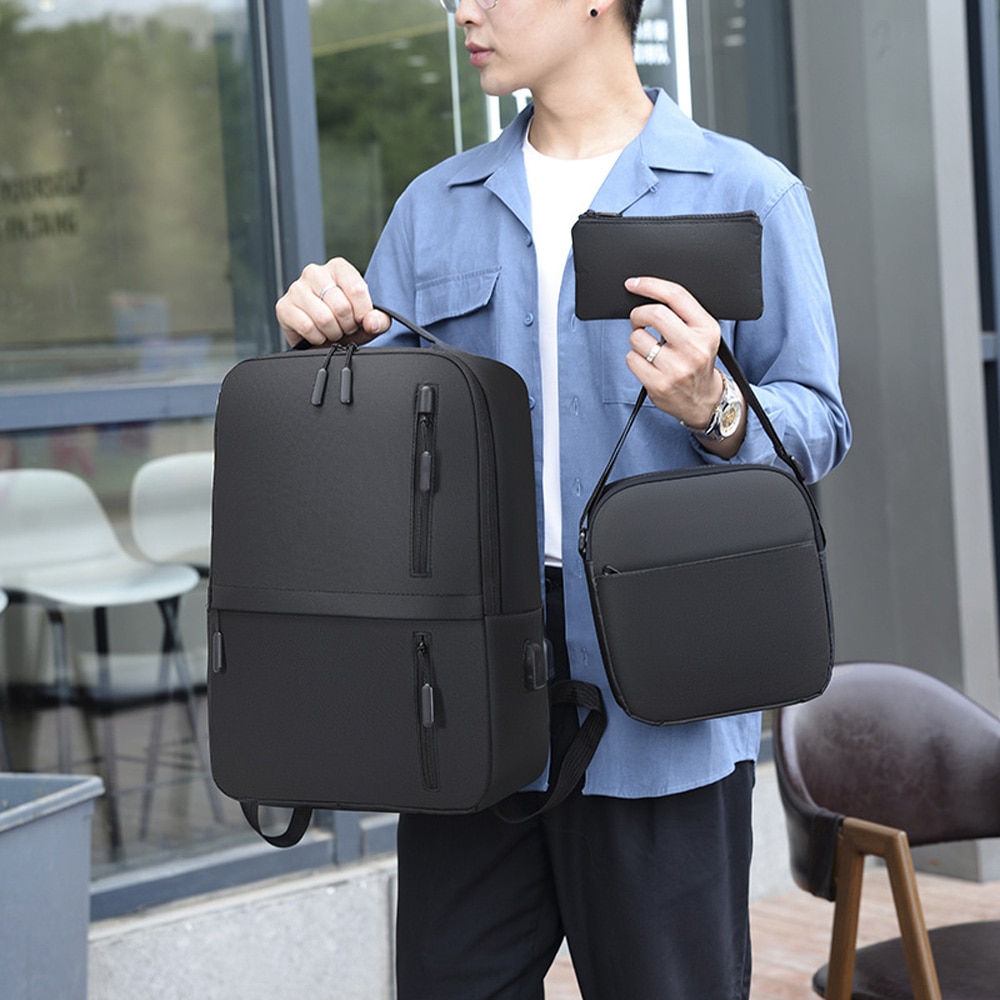 Rucsac de afaceri pentru barbati, Cozevdnt, poliester, compartiment laptop 15.6", port USB, negru, 25l