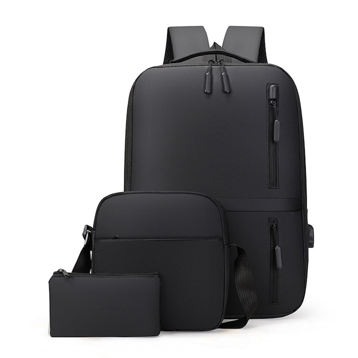 Rucsac de afaceri pentru barbati, Cozevdnt, poliester, compartiment laptop 15.6", port USB, negru, 25l