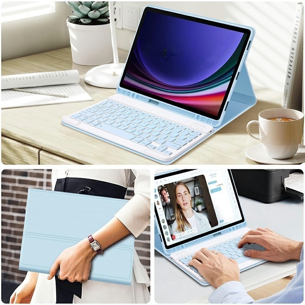 Husa cu tastatura, XGSM, Compatibil Samsung Galaxy Tab S9 FE, Slot pentru stilou din piele, Albastru
