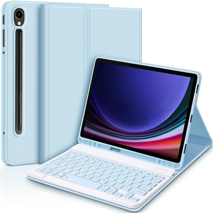 Husa cu tastatura, XGSM, Compatibil Samsung Galaxy Tab S9 FE, Slot pentru stilou din piele, Albastru