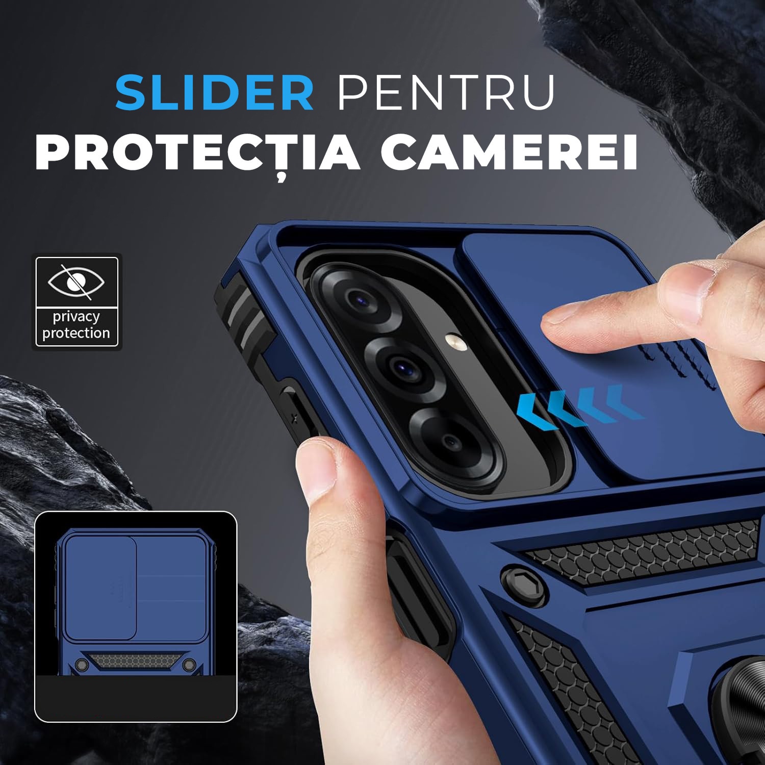 Husa pentru Samsung Galaxy A37 5G DaDen Hybrid Armor Kickstand, Slider Camera, Antisoc, Protectie Superioara, Albastru