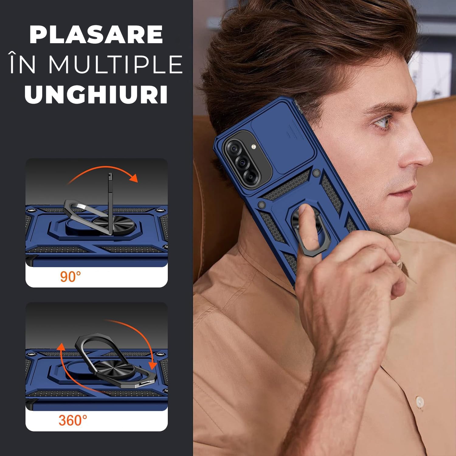 Husa pentru Samsung Galaxy A37 5G DaDen Hybrid Armor Kickstand, Slider Camera, Antisoc, Protectie Superioara, Albastru