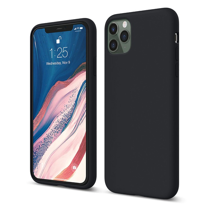 Husa CASEY STUDIOS™ compatibila cu iPhone 11 Pro, Soft Silicone Premium, Microfibra in Interior, Negru, de Protectie, Ultra Slim, pentru Incarcare Wireless, Margini Ridicate de Protectia Ecranului si a Camerelor