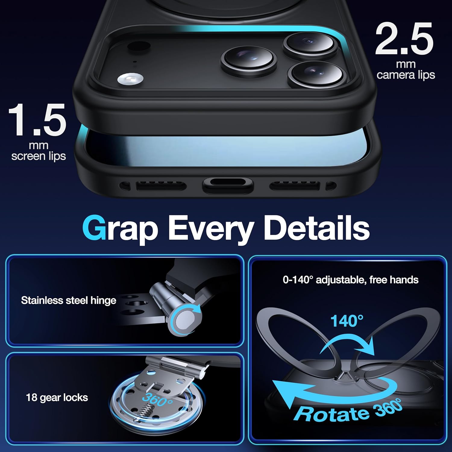 Husa de Protectie pentru iPhone 17 Pro Max, Compatibil MagSafe, Suport Magnetic Rotativ 360°, Buton Control Camera, Incarcare Wireless, Protectie Camera, TPU Transparent, Negru