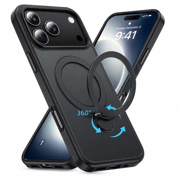 Husa de Protectie pentru iPhone 17 Pro Max, Compatibil MagSafe, Suport Magnetic Rotativ 360°, Buton Control Camera, Incarcare Wireless, Protectie Camera, TPU Transparent, Negru