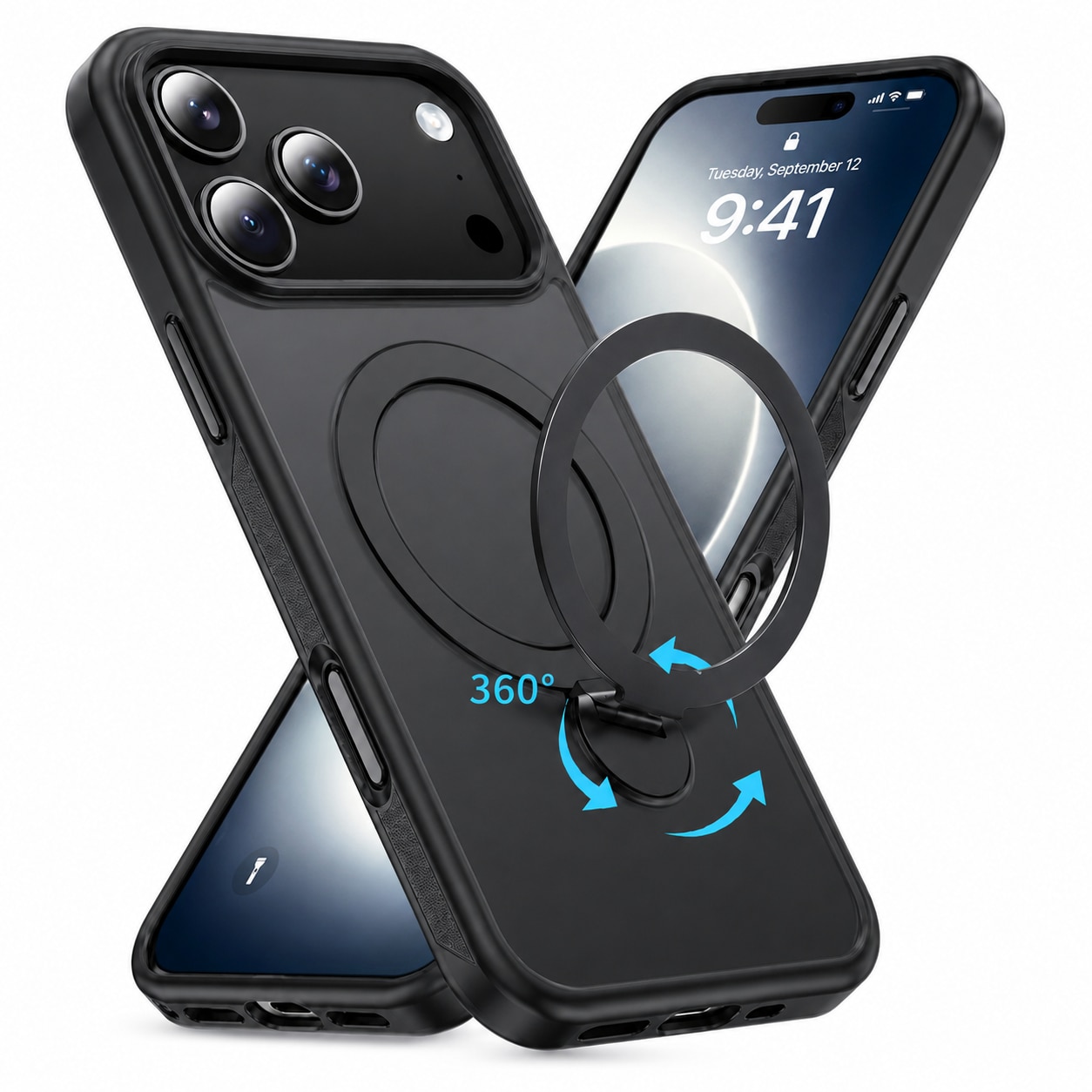 Husa de Protectie pentru iPhone 17 Pro Max, Compatibil MagSafe, Suport Magnetic Rotativ 360°, Buton Control Camera, Incarcare Wireless, Protectie Camera, TPU Transparent, Negru