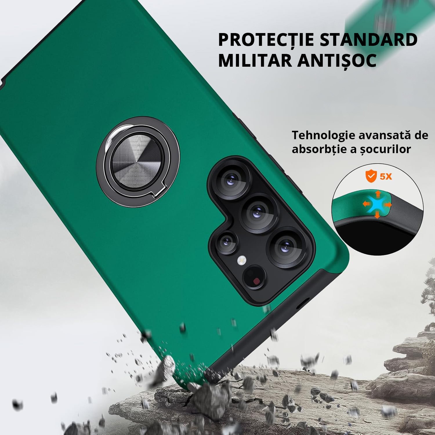Husa MobileSmart pentru Samsung Galaxy S25 ULTRA, Inel Rotativ 360°, Protectie Militara Antisoc, Suport Auto Magnetic, Verde