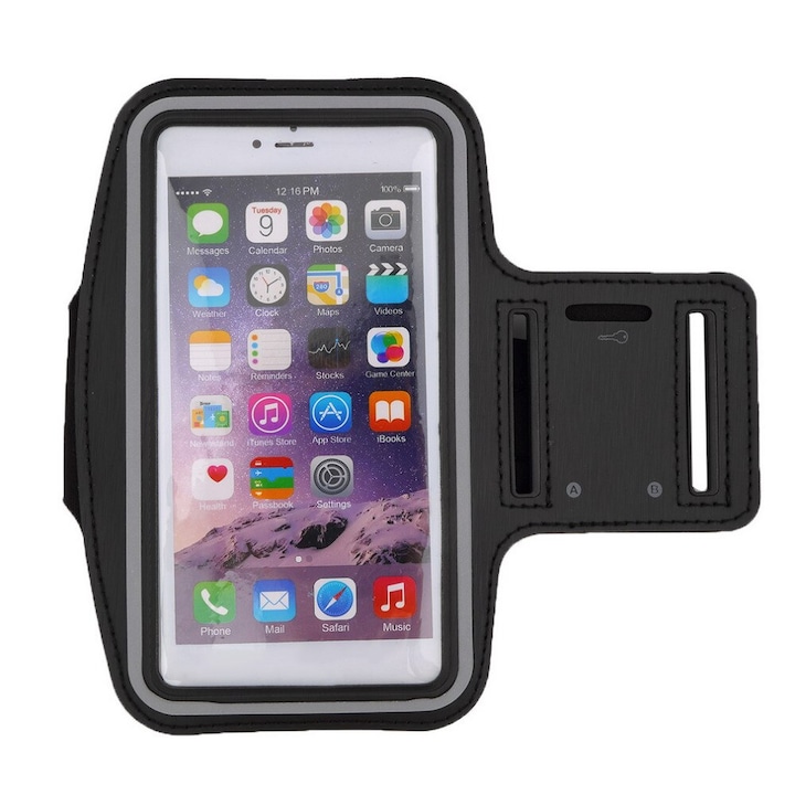 Husa telefon tip banderola de brat pentru Samsung, iPhone, Huawei, Xiaomi, Nokia, OPPO, cu display intre 5,5 inch si 7 inch, impermeabila, cu suport de chei si rama fluorescenta, Negru, PlanetPhone