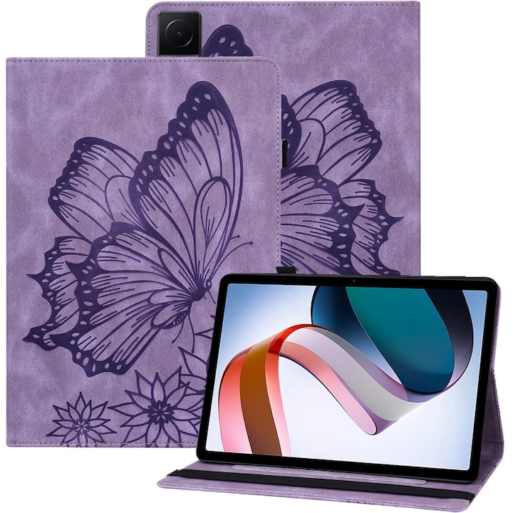 Husa tableta, XGSM, Compatibil cu Samsung Galaxy Tab S9 FE, Model fluturi, Slot pentru stilou portofel, Violet