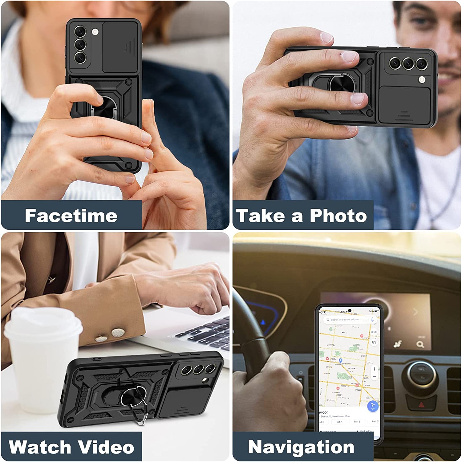 Husa Daden® cu inel rotativ 360 pentru Samsung A34, Antisoc, Slider pentru protectia camerei, Negru